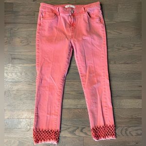 Zara Basic Z1975 Denim Red Pink Ankle Decorative Hem